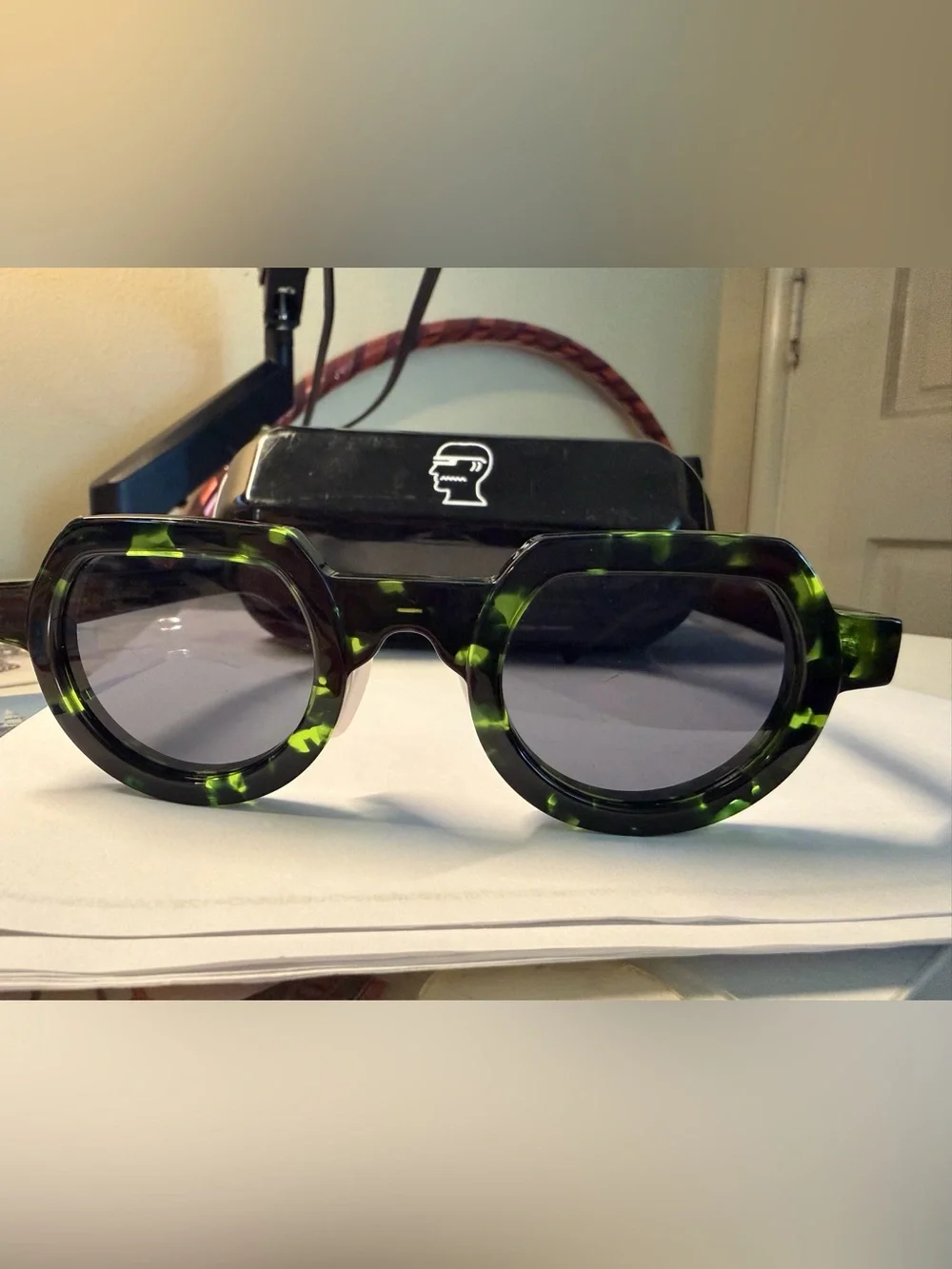 Brain Dead Men's Green Tortoise Round Sunglasses with Black Lenses